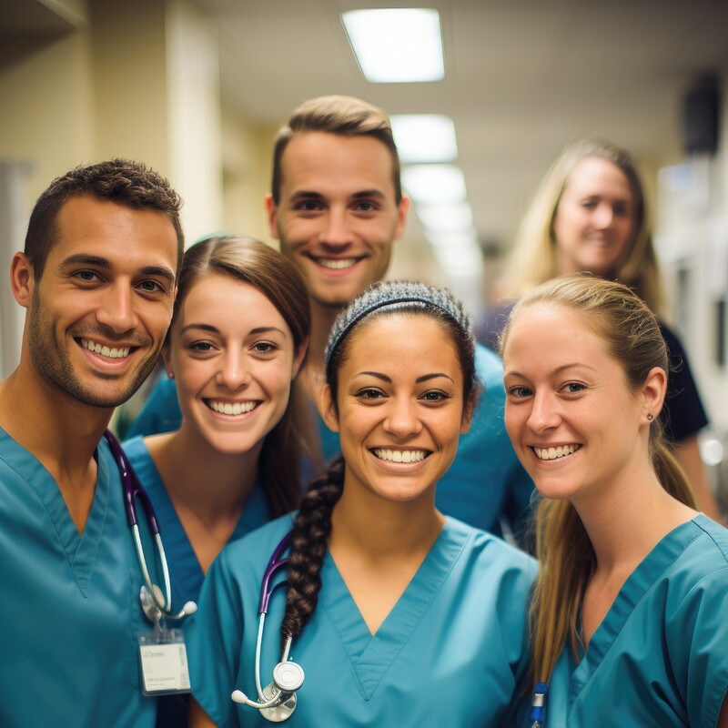 A group of nurses standing in a corridor